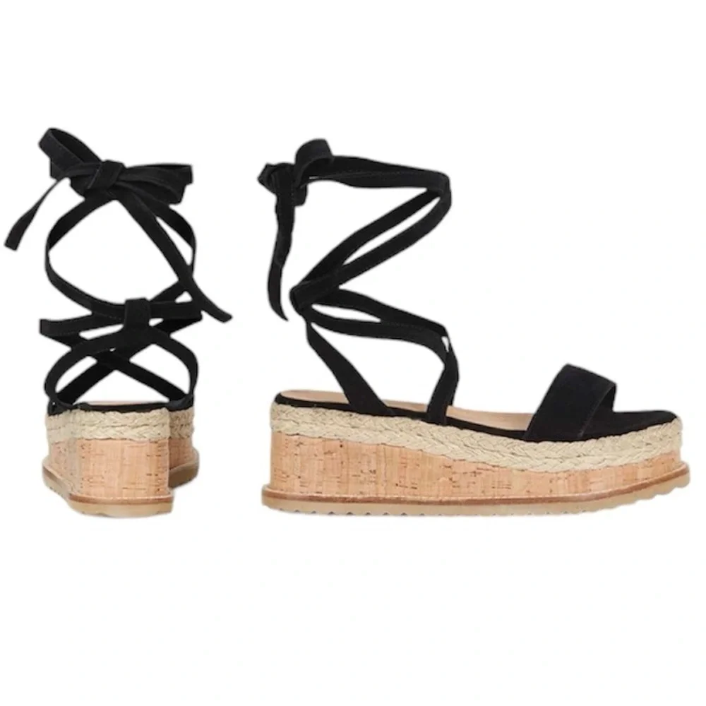 Mannika Flatform espadrille wedge, black straps for around the leg women’s 10.5